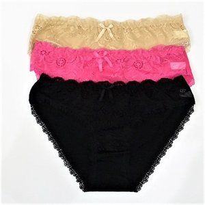 Floral Lace Front Cotton Bikini Panties-3PK